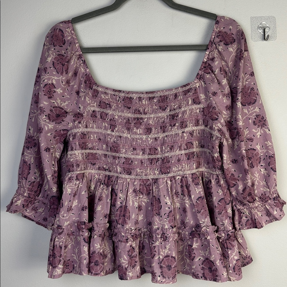 NEW American Eagle Smocked Peplum Purple Floral Ruffle Top Square Neck Large NWT - Picture 10 of 16